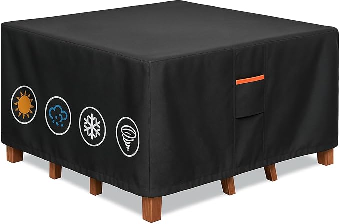 Outdoor Waterproof Furniture Cover, 54W x 54L x 28H inches Heavy Duty 600D Square Table and Chair Set Protection, Black