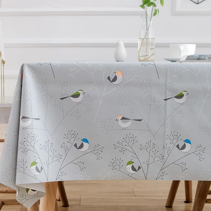 TruDelve Heavy Duty Plastic Table Cloth Rectangle Table Vinyl Tablecloth with Flannel Backing Oilcloth Waterproof Tablecloths (78'' x 54'', Birds-1)