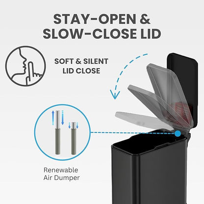 iTouchless SoftStep 3 Gallon (11.4L) Slim Bathroom Trash Can with Lid, Matte Black Stainless Steel Fingerprint-Proof, Silent Soft-Close Pedal, AbsorbX Odor Filter, Removable Bucket Dorm Bedroom Office