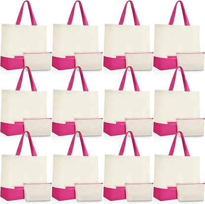 Sanwuta 24 Pcs Canvas Tote Bags Bulk with Zipper Cosmetic Bags 18.5" Cotton Canvas Bag with Handles Reusable Shopping Bags