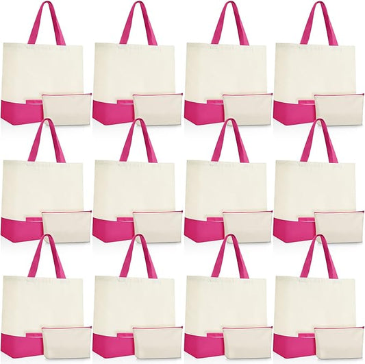 Sanwuta 24 Pcs Canvas Tote Bags Bulk with Zipper Cosmetic Bags 18.5" Cotton Canvas Bag with Handles Reusable Shopping Bags