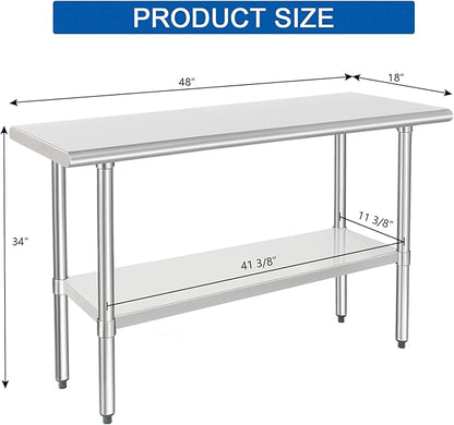 HARDURA Stainless Steel Work Table Commercial 18×48 Inches Kitchen Prep Table and Heavy Duty Commercial Workbench NSF 430 with Undershelf and Galvanized Legs
