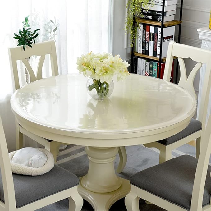 RostiKong 52 Inch Dia. Round Clear Plastic Table Protector Vinyl Tablecloth Circle PVC Desk Pad Mat for Wooden Furniture Dining Kitchen Coffee Marble Picnic Cocktail Beside End Table Countertop Cover