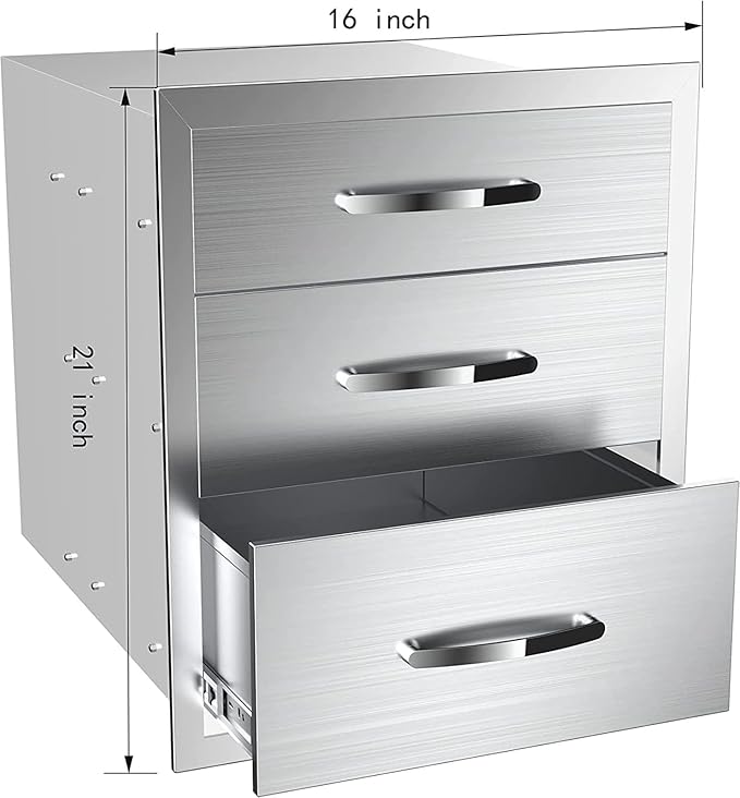 Outdoor Kitchen Drawers, Flush Mount Triple Access BBQ Drawers With Stainless Steel Handle, BBQ Island For BBQ Island Patio Grill Station,Three Drawers