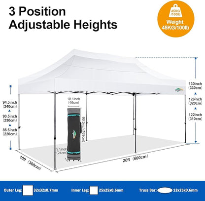 COBIZI 10x20 Pop up Canopy Tent with 6 Sidewalls, Waterproof Heavy Duty Commercial Canopy for Parties, Outdoor Tent, Garden Gazebo, Carry Bag with Wheel (10x20ft, White)