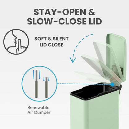 iTouchless SoftStep 3 Gallon (11.4L) Slim Bathroom Trash Can with Lid, Pastel Green Stainless Steel Fingerprint-Proof, Silent Soft-Close Pedal, AbsorbX Odor Filter Removable Bucket Dorm Bedroom Office
