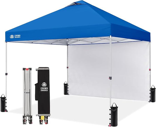 CROWN SHADES 12x12 Pop Up Canopy Tent Instant Commercial with 150D Silver Coated Fabric Including 1 Removable Sidewall, 4 Ropes, 8 Stakes, Weight Bags, STO 'N Go Bag, Blue