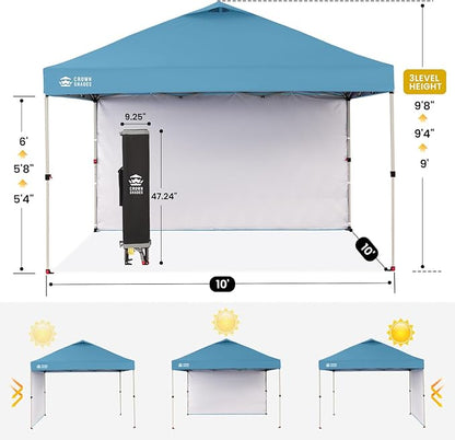 CROWN SHADES 10x10 Pop Up Canopy with 1 Side Wall - Beach Tent with One Push Setup - Outdoor Sun Shade for Events, Parties, Camping - Gazebo with STO-N-Go Cover Bag (Cyan Blue)