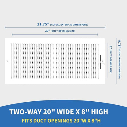 20x8 Vent Register [Duct Opening], Vent Covers for Home Ceiling, Two-Way Ventilation Register, Adjustable Solid Steel Wall Register Vent Cover (20"W x8"H [Duct Opening])