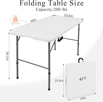 Folding Tables with Carrying Handle Lightweight Rectangular Portable Plastic Camping Table Steel Legs for Party, Dining, Wedding, Events, Picnic Indoor, Outdoor (1, White, 4 FT)