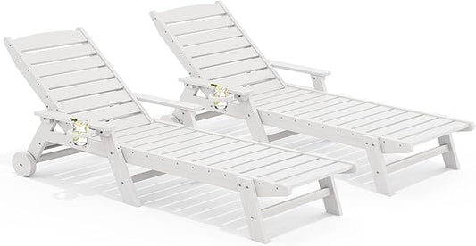 SERWALL Patio Chaise Lounge Chair Set of 2, 78'' Long 5-Positions Adjustable HDPE Outdoor Lounger for Pool, Poly Lounge Chair with Rolling Wheels & Cup Holder for Poolside, Deck, White