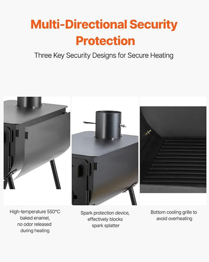 VEVOR 118" Camping Wood Stove, Portable Alloy Steel Tent Stove with 3000in³ Firebox, Outdoor Heating & Cooking Stove with Chimney Pipes & Gloves, Includes 8 Pipes for Efficient Heating