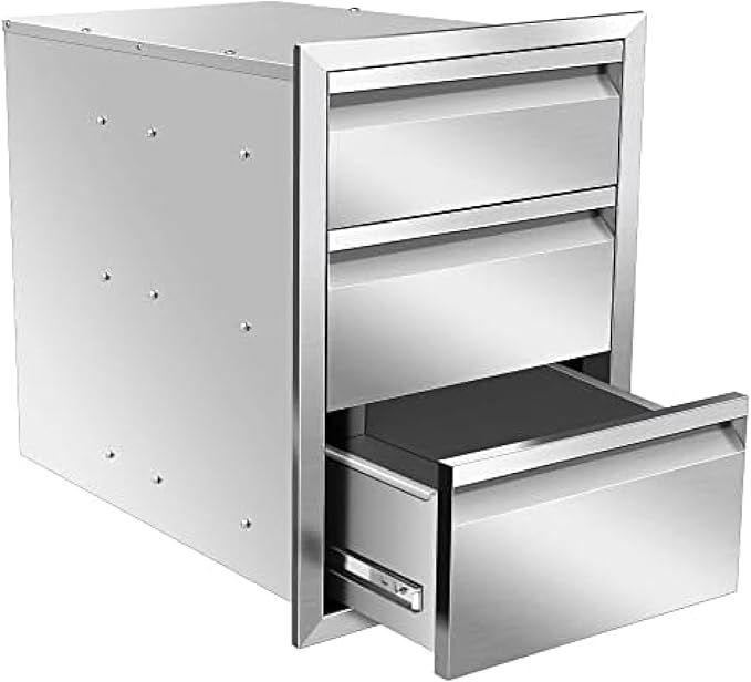 Outdoor Kitchen Drawers, Box Frame Style Flush Mount BBQ Drawer w/Stainless Steel Handle, BBQ Island Drawers For Patio Grill Station,Three Drawers