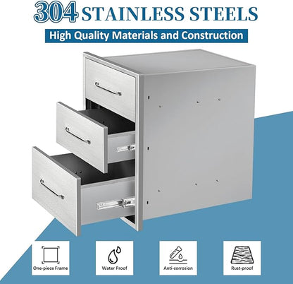 Outdoor Kitchen Drawers 14" Wx21 Hx21 D Flush Mount Access 3-Drawer BBQ Stainless Steel Drawers with Handle for Outdoor Kitchen Island or Grill Station