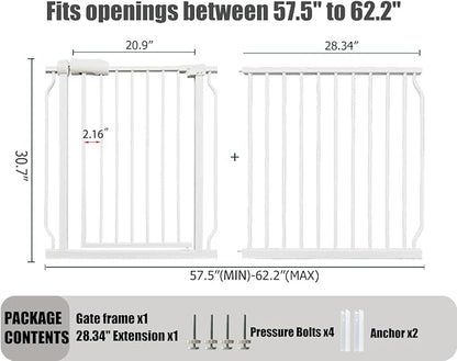 Extra Wide Baby Gate, 57.5-62 Inch - White Metal, Pressure Mounted Indoor Safety Gate, Walk-Through Dog Gate for Kids & Pets
