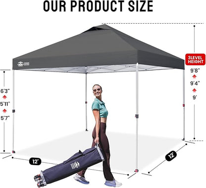 CROWN SHADES 12x12 Pop Up Canopy - Beach Tent with One Push Setup - Easy Outdoor Sun Shade Shelter for Events, Parties - Gazebo with STO-N-Go Cover Bag, Silver Coated Top, Grid Grey