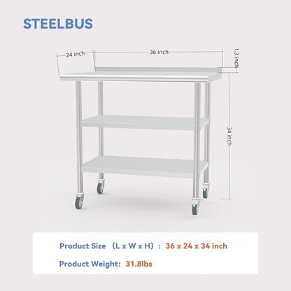 24x36 Inch Stainless Steel Work Table with Backsplash, Double Undershelves and Casters, Commercial Prep Table, Heavy Duty Kitchen Workbench, NSF Certified, Rust & Scratch Resistant