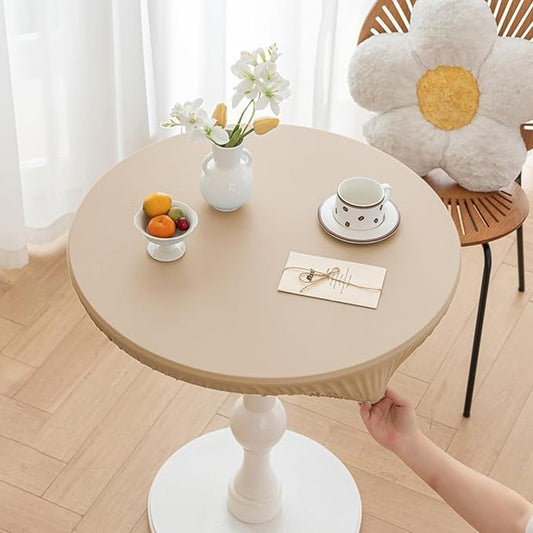Round Fitted PU Tablecloth with High Elastic Edge 55 Inch Dia Waterproof Oil Proof Table Cloth Anti-Scald Stain-Resistant Wipeable Table Cover for Indoor Outdoor Picnic (Beige,55" Dia)
