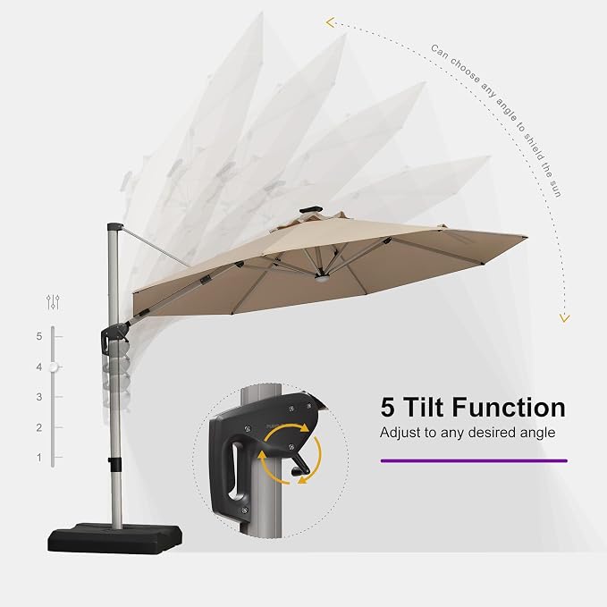 PURPLE LEAF Cantilever Patio Umbrella 11ft Round Solar LED Light, Support to - Image 6