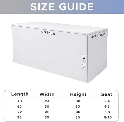 Nasitos White Fitted Table Covers Stretch Spandex - 96 x 30 Inch - 4 Pack Rectangle Table Clothes for 8 Foot Folding Tables, Fabric Tablecloths for Parties, Trade Show, Craft Show, Birthday