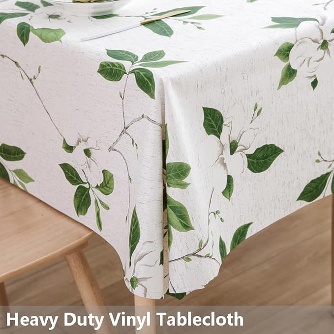 TruDelve Heavy Duty Vinyl Table Cloth Plastic Table Cloth for Kitchen Dining Table Wipeable PVC Waterproof Tablecloth for Rectangle Table (54'' x 72'', Green Leaves)