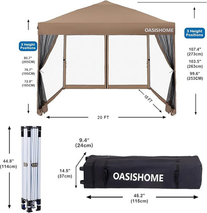 OASISHOME Pop-up Gazebo Instant Portable Canopy Tent 10'x10', with 2 Styles Sidewalls,Netting, Windows, Wheeled Bag, for Patio/Outdoor/Wedding Parties and Events