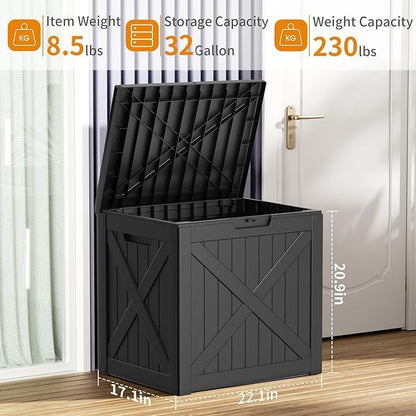EasyUp 32 Gallon Outdoor Storage Box, Resin Waterproof UV-Resistant Deck Box, Reinforced Stability for Patio, Garden, and Poolside, X-Design Black