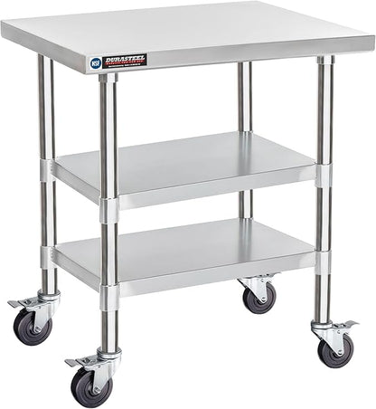 DuraSteel Stainless Steel Work Table 30" x 24" x 34" Height w/ 4 Caster Wheels - Food Prep Commercial Grade Worktable - NSF Certified - Good for Restaurant, Business, Warehouse, Home, Kitchen, Garage