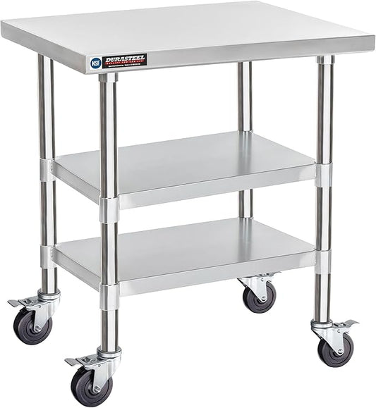 DuraSteel Stainless Steel Work Table 30" x 24" x 34" Height w/ 4 Caster Wheels - Food Prep Commercial Grade Worktable - NSF Certified - Good for Restaurant, Business, Warehouse, Home, Kitchen, Garage