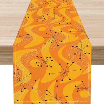 70s Table Runner, Retro Orange Wave Mid Century Atomic Print Abstract Hippie Coffee Table Center Decor for Home Kitchen Dining Patio Holiday Party Indoor Outdoor Table Decorations, 13"x72" Inch