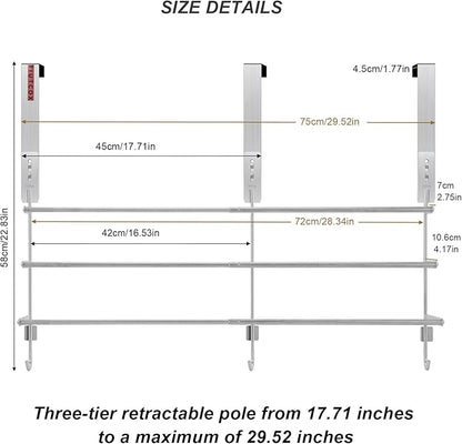 Over The Door Towel Rack, 304 Stainless Steel Towel Racks for Bathroom with 3-Tier Adjustable Pole, 2 Punch-Free Screw Stickers, 22.83 * 17.71-29.52 * 6.14 Inch, Red