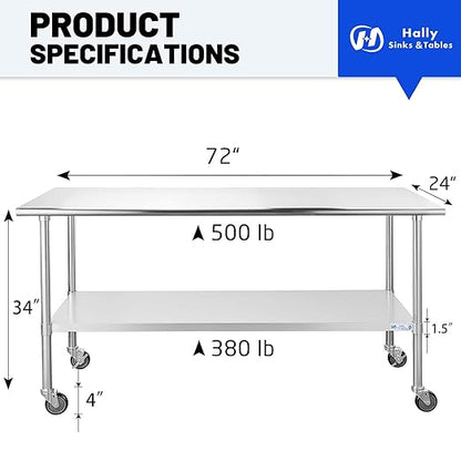 Hally Stainless Steel Table for Prep & Work 24 x 72 Inches with Caster Wheels, NSF Commercial Heavy Duty Table with Undershelf and Galvanized Legs for Restaurant, Home and Hotel