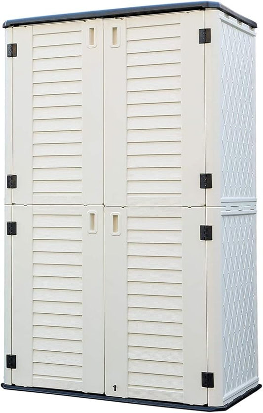 HOMSPARK Storage Shed Weather Resistance, Multi-Purpose Outdoor Storage Cabinet Waterproof, Outdoor Storage Cabinet for Garbage Cans, Lawnmower, Garden Accessories (White, Tall shed-53 cu ft)