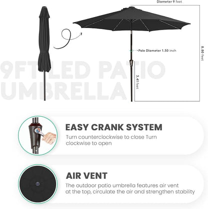 JEAREY 9' Patio Umbrella with Solar Lights, LED Umbrella, Jet Black | Outdoor - Image 6