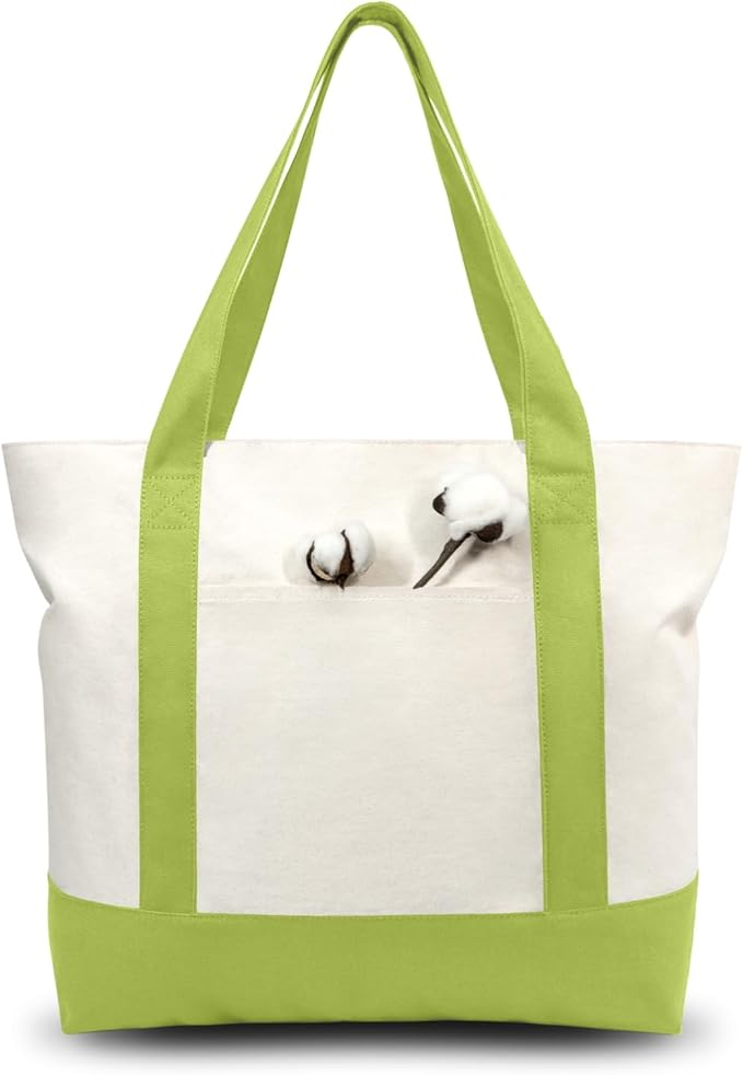 TOPDesign 1-Pack Canvas Tote Bag with an External Pocket, Reusable Grocery Shopping Bag, Top Zipper Closure, Daily Essentials (Light Green/Natural)