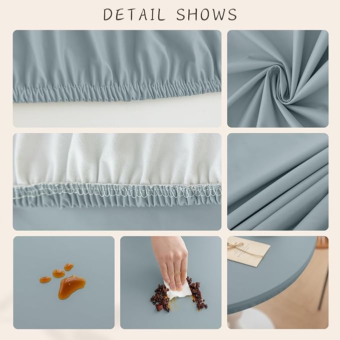 Round Fitted PU Tablecloth with High Elastic Edge 24 Inch Dia Waterproof Oil Proof Table Cloth Anti-Scald Stain-Resistant Wipeable Table Cover for Indoor Outdoor Picnic (Blue,24" Dia)