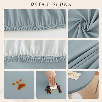 Round Fitted PU Tablecloth with High Elastic Edge 59 Inch Dia Waterproof Oil Proof Table Cloth Anti-Scald Stain-Resistant Wipeable Table Cover for Indoor Outdoor Picnic (Blue,59" Dia)