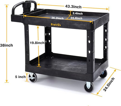 ELAFROS Extra Large Heavy Duty Plastic Utility Work Cart 43.5 x 24.6 Inch – 2 Tier Work Cart with Deep Tub Shelves, Ergonomic Handle, 5 Inch Casters, 550 lbs Capacity, Black