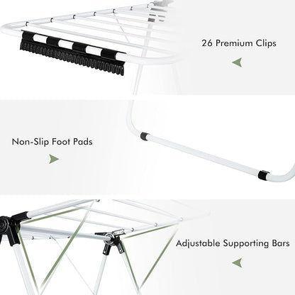 GOFLAME 2-Tier Clothes Drying Rack, Folding Laundry Dry Rack with Adjustable Supporting Bar, 26 Premium Clips, Space-Saving & Collapsible Laundry Hanger for Easy Storage, No Assembly Needed