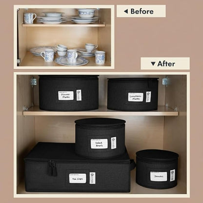 China Storage Hard Shell Containers 5-Piece Set Moving Boxes for Dinnerware, Glasses, Plates, Mugs and Saucers Sturdy Dish Organizer with Dividers for Seasonal Storage - Service for 12 - Black Quilted