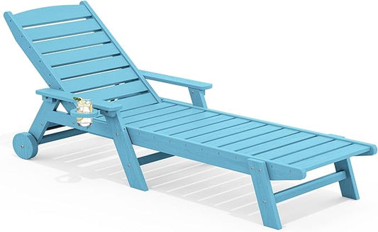 SERWALL Patio Chaise Lounge Chair, 78'' Long HDPE 5 Positions Adjustable Outdoor Lounger, Poly Lounge Chair with Rolling Wheels & Cup Holder for Pool, Light Blue
