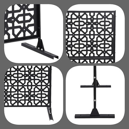 Outdoor Metal Privacy Screen with Stand, 35.4" W x 75" H Freestanding Metal Slatted Decorative Privacy Screen and Panels for Patio Garden Balcony Porch (Black Polygonal)