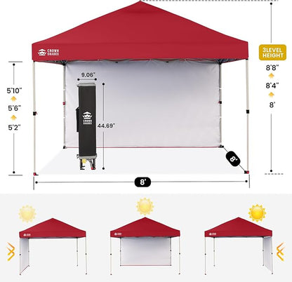 CROWN SHADES 8x8 Pop Up Canopy with 1 Side Wall - Beach Tent with One Push Setup - Outdoor Sun Shade for Events, Parties, Camping - Gazebo with STO-N-Go Cover Bag (Red)