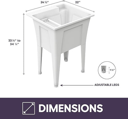 Freestanding Utility Sink with Two Handle Chrome Faucet - 24" Plastic Utility Sink for Garage, Laundry, Indoor and Oudoor Use - Laundry Tub Kit by Noah William Home - White (19.5 gal)