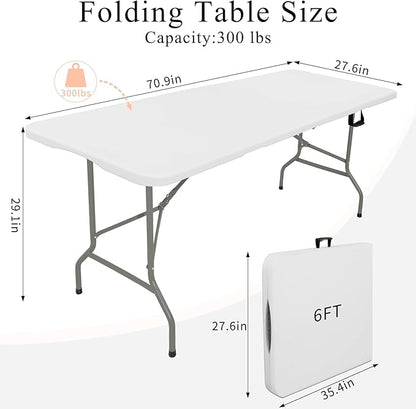 Set of 2 Folding Tables with Carrying Handle Lightweight Rectangular Portable Plastic Camping Table Steel Legs for Party, Dining, Wedding, Events, Picnic Indoor, Outdoor (5.85FT, White)