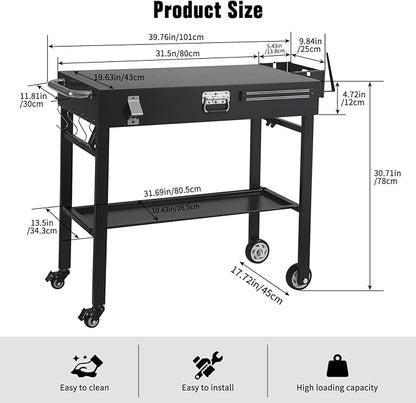 Portable Grill Cart for Blackstone Griddle with Lock, Shelves & Caddy - Fits 17 or 22 Inch Grills, Foldable Outdoor Cooking Stand for Outdoor Tailgate and Camping, Black