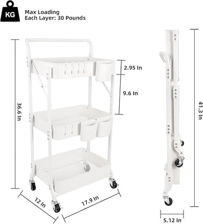 3-Tier Folding Rolling Utility Cart with Wheels, Foldable Storage Cart Organizer with 3 Hanging Cups & 6 Hooks for Kitchen, Office, Living Room, Nursery(White)