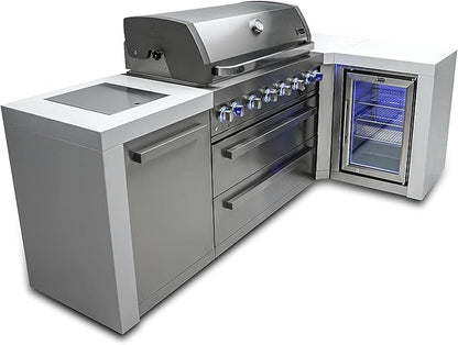 Mont Alpi MAi805-D90FC 44-inch 6-Burner 115000 BTU 90 Degree Corner Deluxe Stainless Steel Gas Outdoor Barbecue Island Grill w/Lockable Compact Refrigerator + Infrared Side Burner + Rotisserie Kit