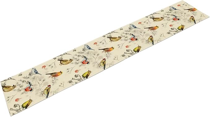Vintage Bird Table Runner,Watercolor Winter Perching Birds Table Decoration for Kitchen Dining Table Holiday Indoor Outdoor Home Party Decor 13x120in