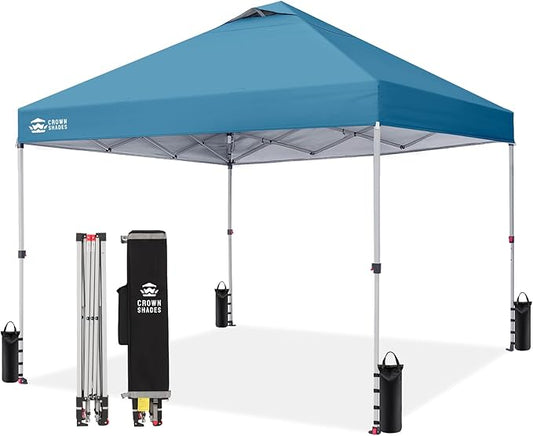 CROWN SHADES 10x10 Pop Up Canopy - Beach Tent with One Push Setup - Easy Outdoor Sun Shade for Events, Parties, Camping - Gazebo with STO-N-Go Cover Bag, Silver Coated Top, Cyan Blue